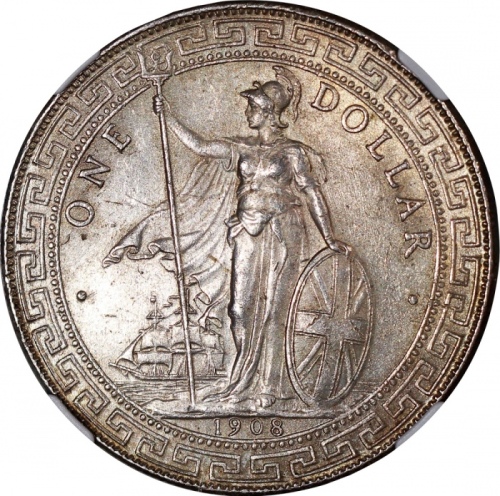  1908-B英国贸易银元，带原光，NGC MS62，#6466526-014