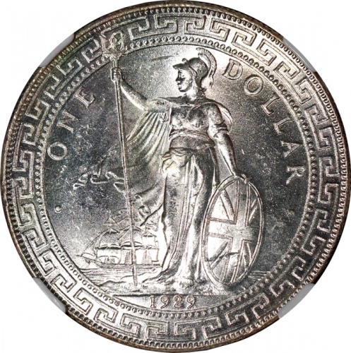  1929-B英国贸易银元，带原光，NGC MS63，#3305041-001