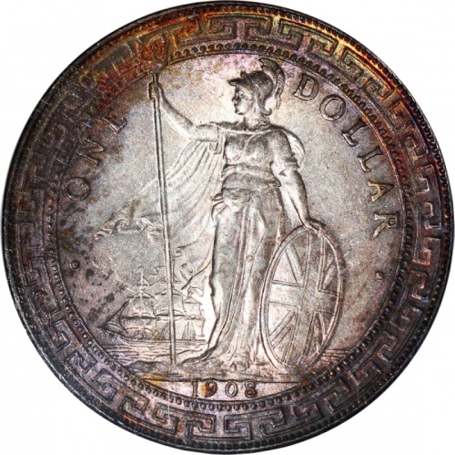  1908/3-B骑字版英国贸易银元，NGC MS62，#2751125-027，稀有