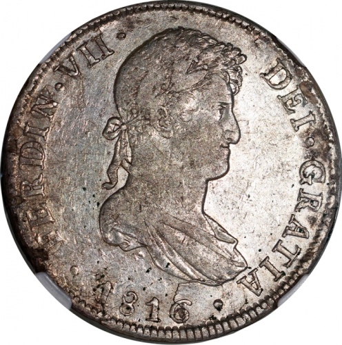  1816LIMA JP秘鲁8里尔银币，正面坯饼剥离，NGC XF (有清洗)