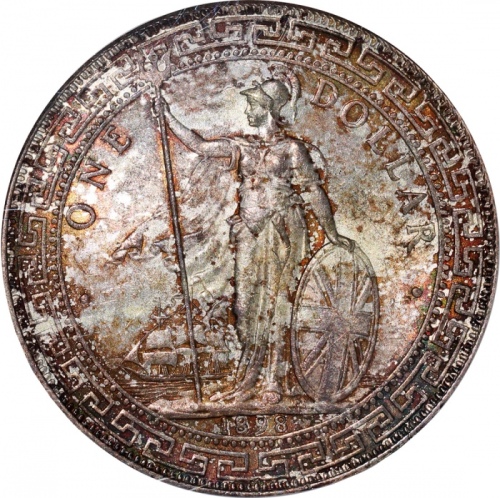  1898-B英国贸易银元，正面带金黄包浆，NGC MS64，#2123573-002
