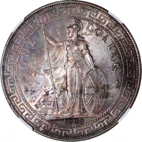  1908/7-B骑字版英国贸易银元，NGC MS61，#3305147-037，稀有