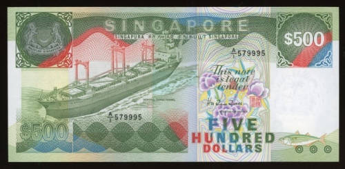  1988年新加坡500元，编号 A/1 579995，船系列 UNC，罕见大面值纸钞