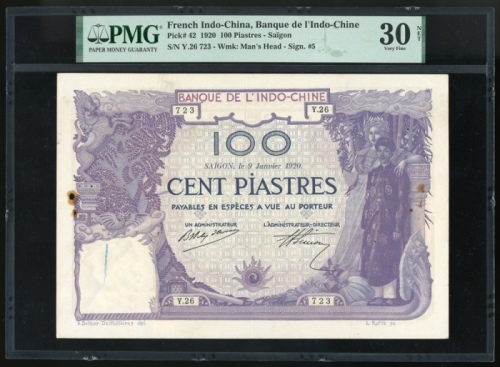  1920年法属安南100元，西贡市，编号 Y.26 723，PMG 30 NET (锈渍，有钉孔) 十分罕有