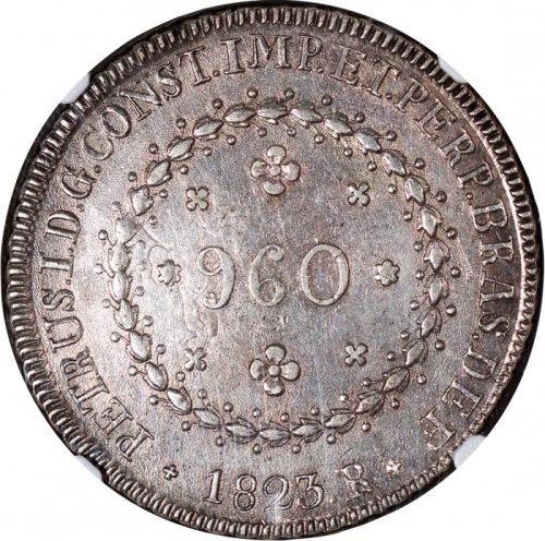  1823R巴西佩德罗一世960雷尔，NGC AU58