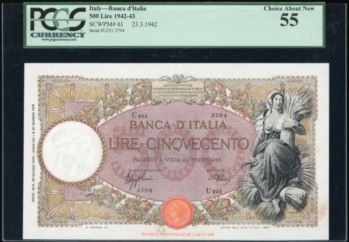  1942-43年意大利50里拉，编号 U251 3794，PCGS Currency 55