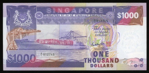  1988年新加坡1000元，编号 A/1 012745，船系列，UNC，罕见大面值纸钞