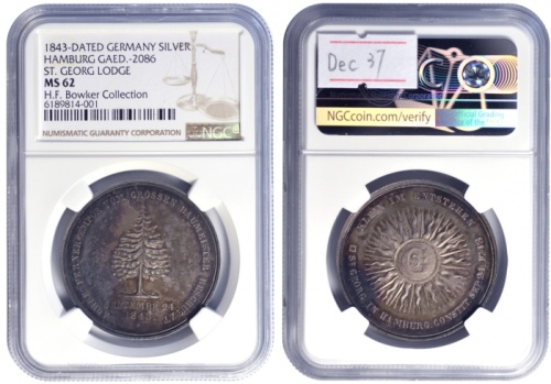 1843年德国汉堡银币，Gaed.-2086，NGC MS62，包克收藏