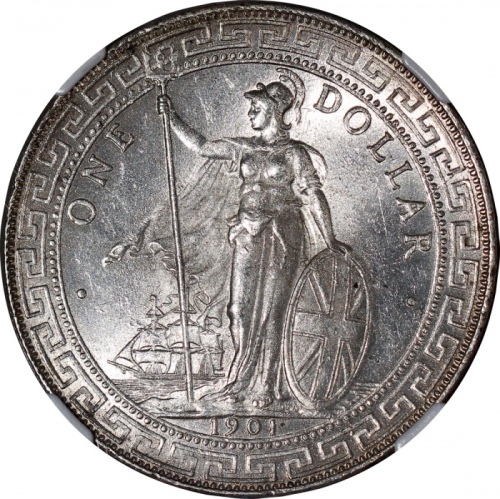  1901-B英国贸易银元，带柔和包浆，NGC MS63，#3067563-021