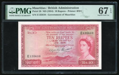  1954年毛里求斯10卢比，编号 E135610，PMG 67EPQ，PMG评级最高分，罕有