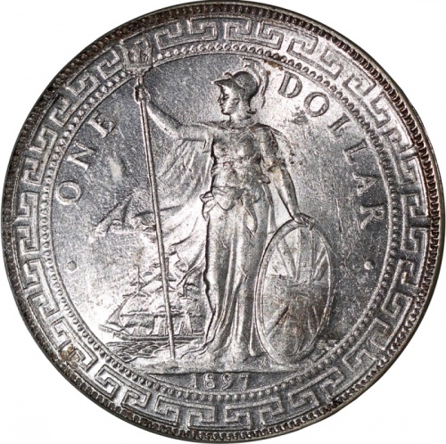  1897年英国贸易银元，带原光，PCGS MS62，#40057645