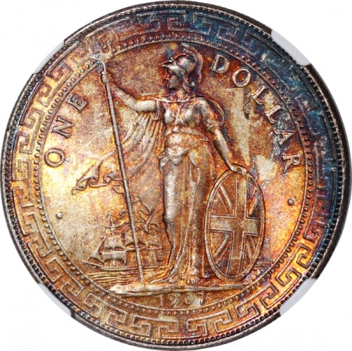  1907-B英国贸易银元，右边边缘带蓝光包浆，NGC MS64，#6375052-022