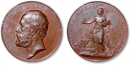  瑞典1891年“国王奥斯卡二世”像“歌德堡农业奖章”一枚，颁发给“B.Davidson”和“Till Erinran”，高浮雕，工艺精美，金盾PCGS SP63（86280312）