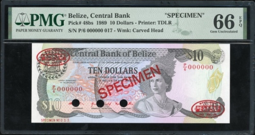  1989年贝里斯拾圆样票，编号P/6 000000，PMG66EPQ Central Bank of Belize, specimen $10, 1989, serial number P/6 000