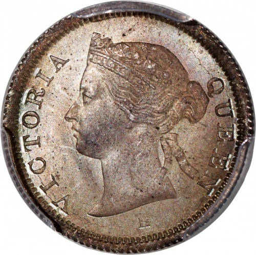  1872/62-H香港维多利亚五仙，阿拉伯数字1，PCGS MS65，#46484181，本品分数稍逊於前一项拍品，却带柔滑之灰调包浆，1995年Irving Goodman拍卖会第1072号拍品