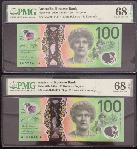 2020年澳大利亚一佰圆两枚连号，编号AA201454317-18，均PMG68EPQ（2） Australia, a consecutive pair of $100, 2020, polymer,