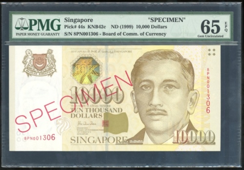  1999年新加坡一万圆样票，编号8PN001306，PMG65EPQ Singapore, specimen $10000, ND (1999), specimen, serial number 8P