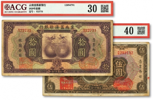  民国十八年（1929年）云南富滇新银行伍圆、拾圆共2枚不同，单字轨及无字轨，背盖“其命维新”之花押，七五至八成新
