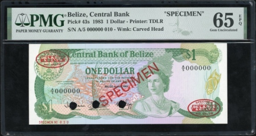  1983年贝里斯一圆样票，编号A/5 000000，PMG65EPQ Central Bank of Belize, specimen $1, 1983, serial number A/5 0000