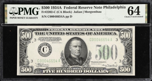  1934A500美元费城 PMG Choice Unc 64 1934A $500 Federal Reserve Note