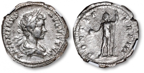  公元198-217年罗马帝国“皇帝卡拉卡拉像”迪纳里银币一枚，NGC VF（4972149-016）