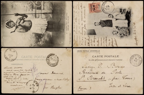  四川重庆进口及出口明信片各一件，1906年重庆寄法国，贴法属安南加盖重庆改值航海与商务神像四仙一枚