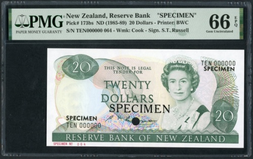  1985-89年纽西兰贰拾圆样票，编号TEN000000，PMG66EPQ, 少见 Reserve Bank of New Zealand, specimen $20, ND (1985-89), s
