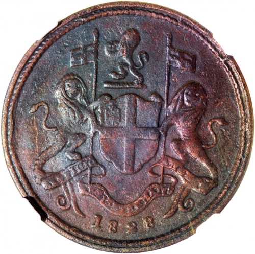  1828年滨城1/2 pice，NGC AU-Details有环境损害，#3959760-018 Malay Pennisula, Penang, 1/2 pice, 1828, (Prid-21),