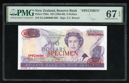  1985-89年纽西兰贰圆样票，编号ELA000000，PMG67EPQ, 少见 Reserve Bank of New Zealand, specimen $2, ND (1985-89), ser