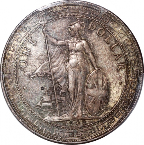  1908-B英国贸易银元，PCGS AU58，#35864919 Great Britain, silver trade dollar, 1908-B, (Prid-18), PCGS AU58, #