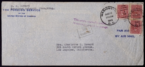  1943年重庆寄美国外交航空邮件封，贴中信版孙中山像1元三枚