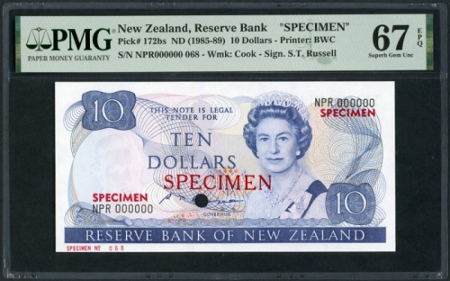  1985-89年纽西兰拾圆样票，编号NPR000000，PMG67EPQ, 少见 Reserve Bank of New Zealand, specimen $10, ND (1985-89), se