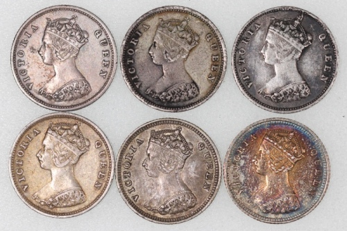  香港1毫6枚一组，包括1864，1865，1868，1889-H，1891及1901年，最后一枚带透打错体，AEF，1864年為少见年份 Hong Kong, a group of 6x 10 cen