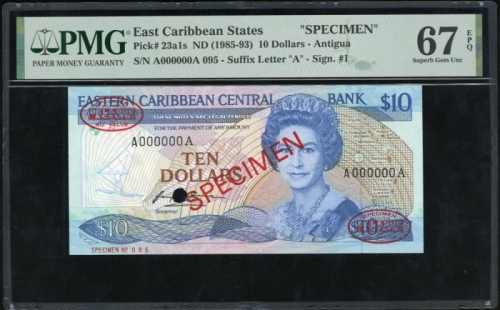  1985-83年东加勒比拾圆样票，编号A000000A，PMG67EPQ Eastern Caribbean Central Bank, specimen $10, ND (1985-93), ser