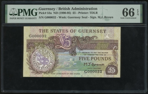  1990-95年根西伍镑，编号G000032，PMG66EPQ Guernsey, £5, ND(1990-95), small serial number G000032, (Pick 53a), 