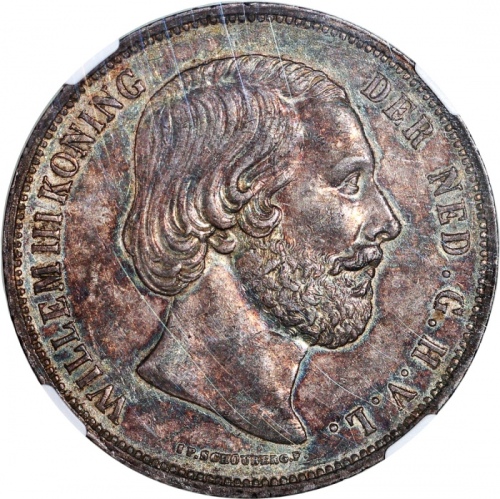  1862年荷兰2 1/2盾银币，吸引之泛蓝金调，NGC AU58，只得3枚评级纪录，仅得一枚获更高评分 Netherlands, William III, 2 1/2 gulden, 1862, NG