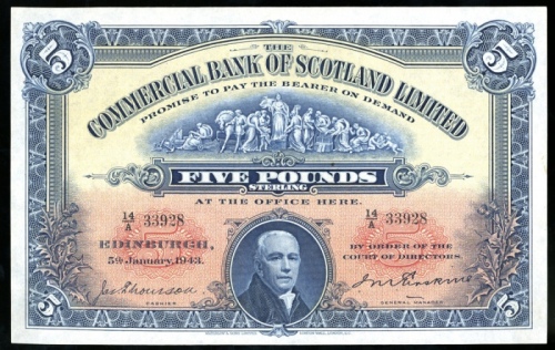  1943年苏格兰商业银行伍镑，编号14/A 33928，EF The Commercial Bank of Scotland Limited, 5 pounds, 1943, serial numbe