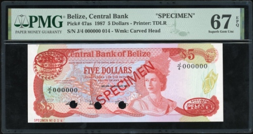  1987年贝里斯伍圆样票，编号J/4 000000，PMG67EPQ Central Bank of Belize, specimen $5, 1987, serial number J/4 0000