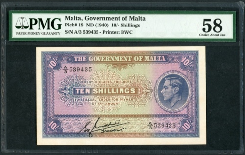  1940年马尔他拾先令，编号A/3 539435，PMG58 Government of Melta, 10 shillings, ND (1940), serial number A/3 53943