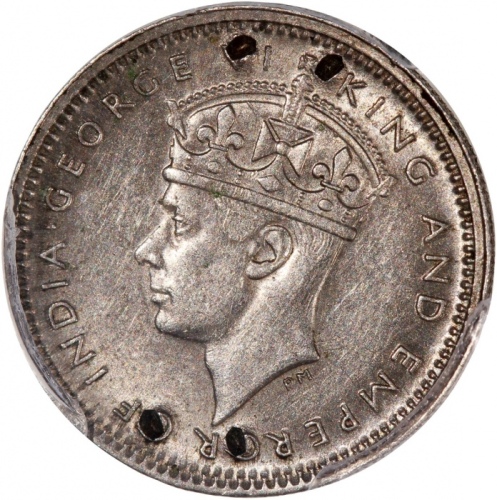  1941-KN香港乔治六世五仙，重要年份，PCGS AU Detail (有损)，极罕之战时版别，撇除币身4个小洞，可谓近乎完美，不容错失的罕品!