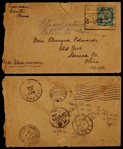 1904年广东新塘寄美国封，西式封贴蟠龙10分一枚