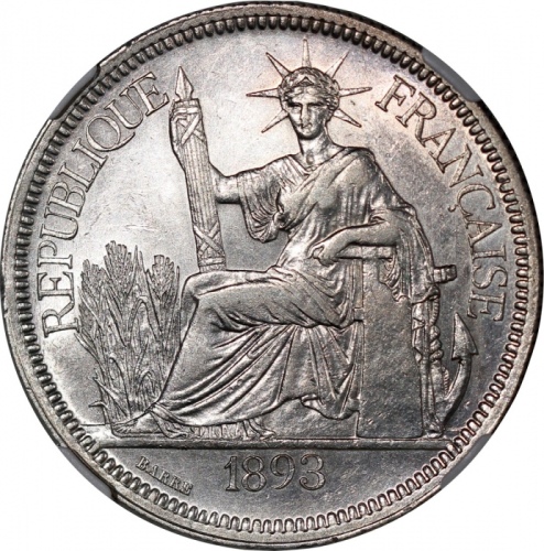  法属安南贸易银元3枚一组，包括1893A，1902A及1903A，均评NGC AU Details，1903A有严重清洗，其餘有清洗，6375413-001，6375934-006及6375413-0