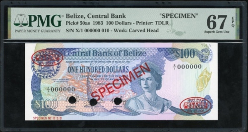  1983年贝里斯一佰圆样票，编号X/1 000000，PMG67EPQ，少见 Central Bank of Belize, specimen $100, 1983, serial number X/