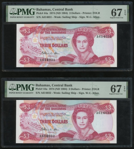  1974（1984）年巴哈马叁圆五枚连号，编号A614031-035，均PMG67EPQ（5） The Central Bank of Bahamas, a consecutive group of 