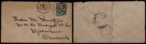  1903年厦门寄丹麦西式封，正贴蟠龙10分一枚