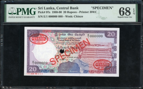  1988年斯里兰卡贰拾卢比样票，编号E/1 000000，PMG68EPQ Central Bank of Sri Lanka, specimen 20 rupees, 1988, serial nu