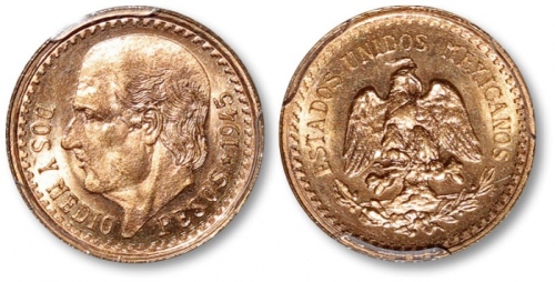  墨西哥1945年2-1/2比索铜币一枚，金盾PCGS MS67（85925420）