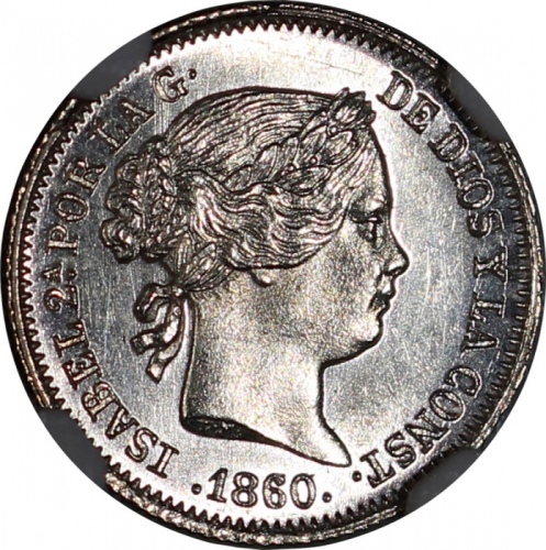  1860及1905年西班牙一组2枚，详见图示及请参考英文描述 Spain, a pair of silver reals and 2 pesetas, 1860 and 1905, graded NG