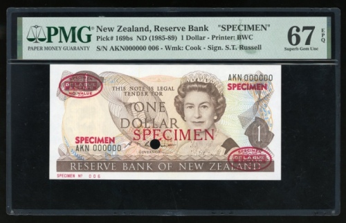  1985-89年纽西兰一圆样票，编号AKN000000，PMG67EPQ，少见 Reserve Bank of New Zealand, specimen $1, ND (1985-89), seri