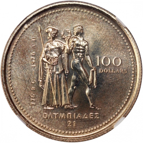  1976年加拿大奥运纪念金币100元，总含金量0.25安士，NGC MS65，#6450133-005 Canada, $100, gold, 1976, Olympics, 0.25oz AGW,N